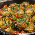 Close-up view of a juicy One-Pot Mediterranean Chicken dish with colorful vegetables and garnished with parsley.