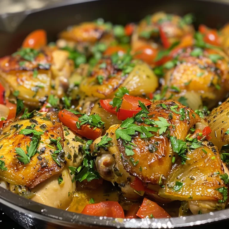 Close-up view of a juicy One-Pot Mediterranean Chicken dish with colorful vegetables and garnished with parsley.