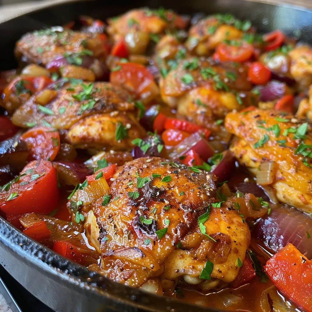 Side view of a vibrant plate of One-Pot Mediterranean Chicken, featuring chicken thighs, diced tomatoes, and vegetables.