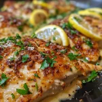 Juicy Parmesan-crusted lemon chicken garnished with lemon slices and parsley.