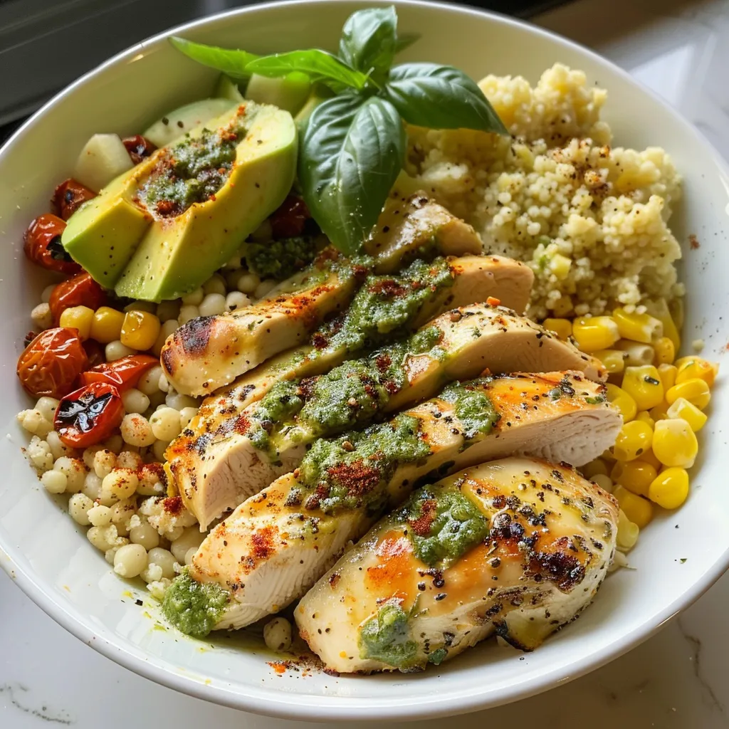 Side view of a vibrant Pesto Chicken Bowl with juicy chicken, sun-dried tomatoes, and greens.