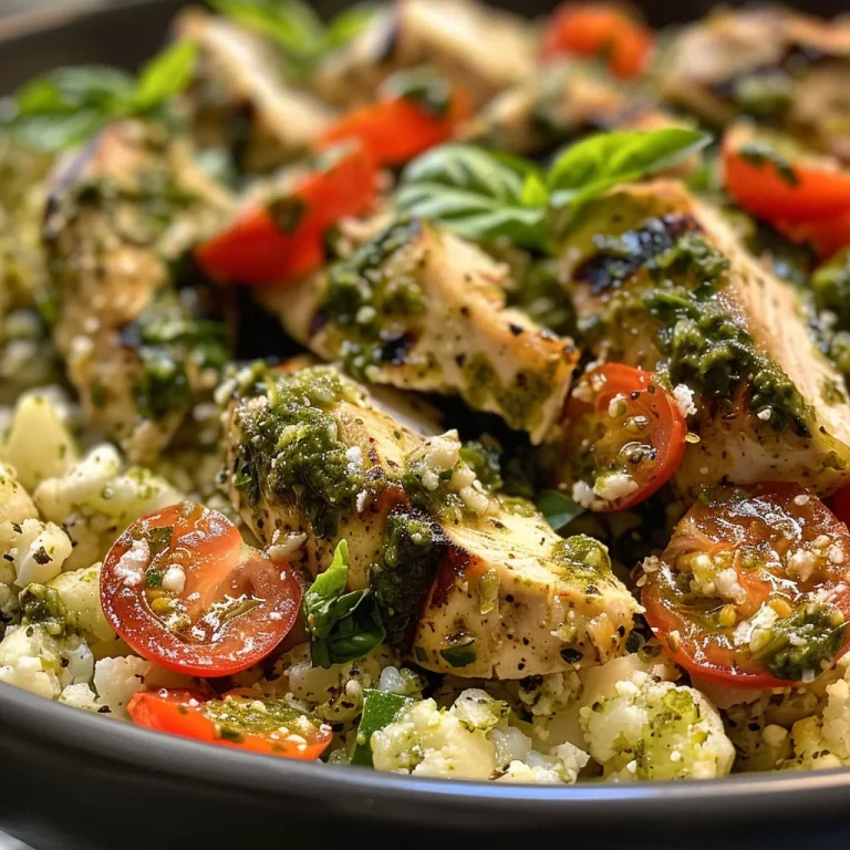 Close-up view of a bowl of Pesto Chicken Cauliflower Rice with cherry tomatoes and fresh basil.