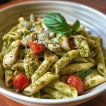 Close-up view of a plate of Pesto Chicken Pasta with colorful cherry tomatoes and grated Parmesan.