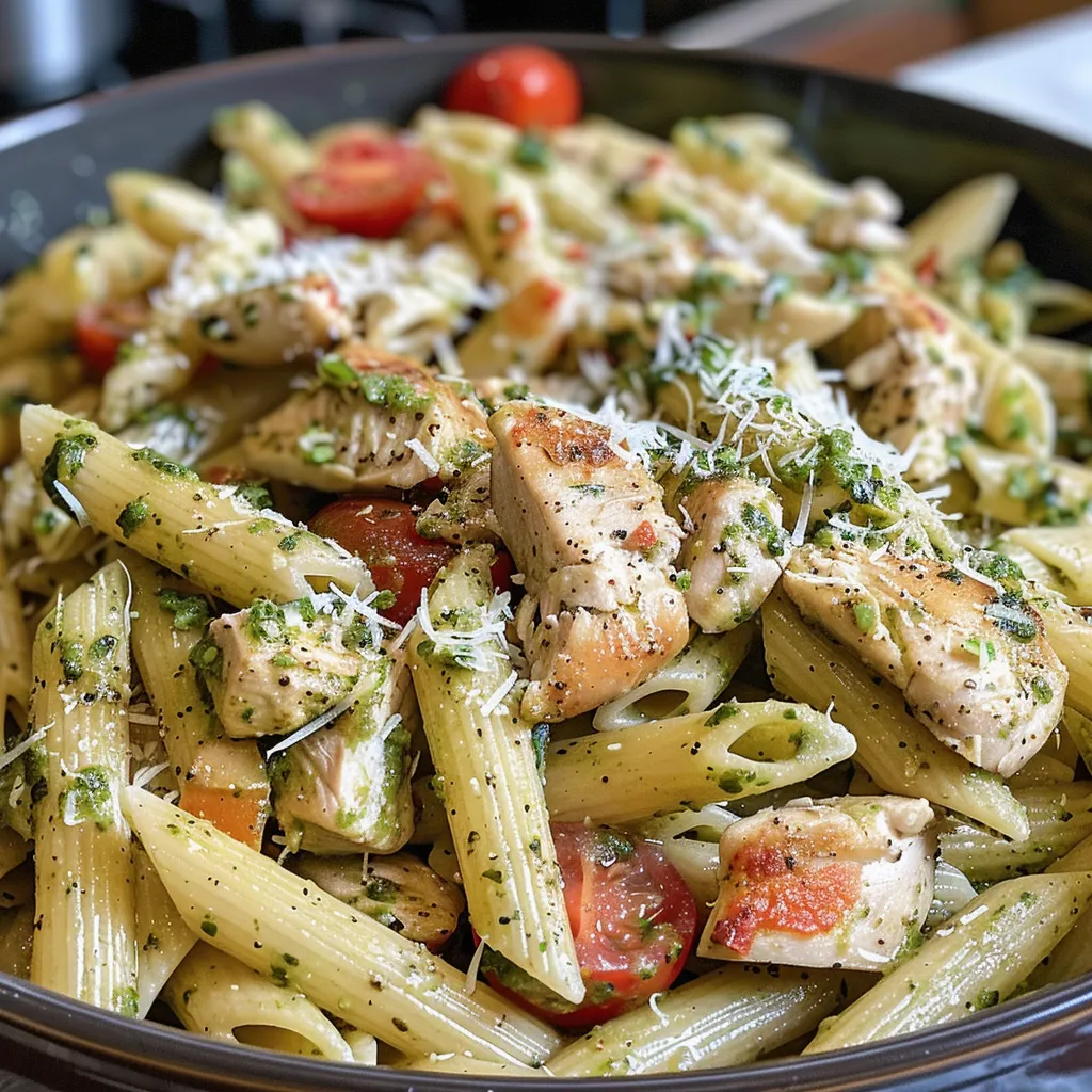Side view of a bowl filled with Pesto Chicken Pasta, showcasing vibrant basil and chicken pieces.