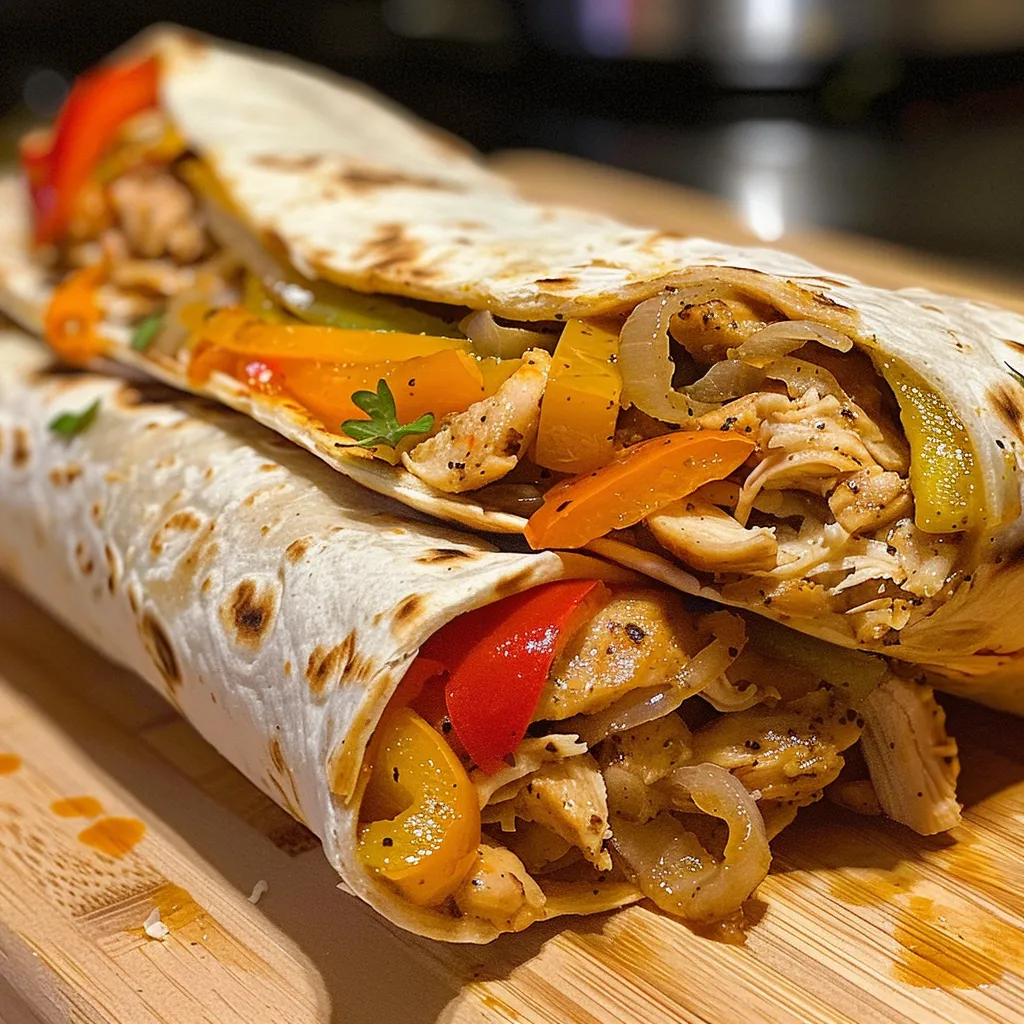 Close-up of a Philly Chicken Cheesesteak Wrap with shredded chicken, onions, and vibrant vegetables, nestled in a tortilla.