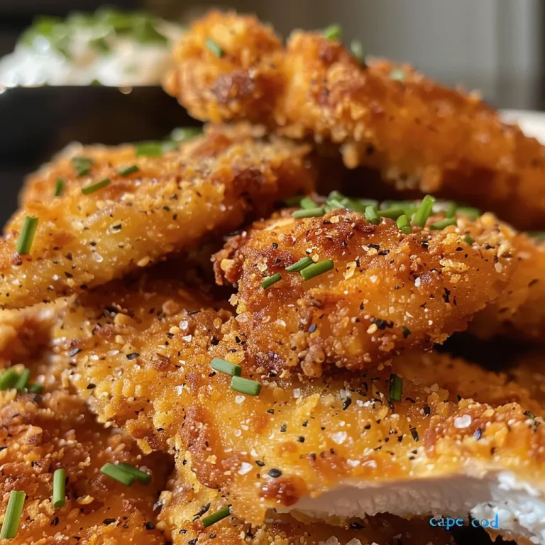 Close-up of golden-brown potato chip chicken strips on a plate.