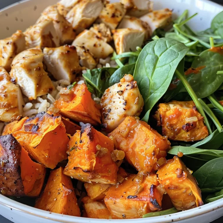 Close-up side view of a colorful roasted chicken sweet potato rice bowl with fresh spinach.
