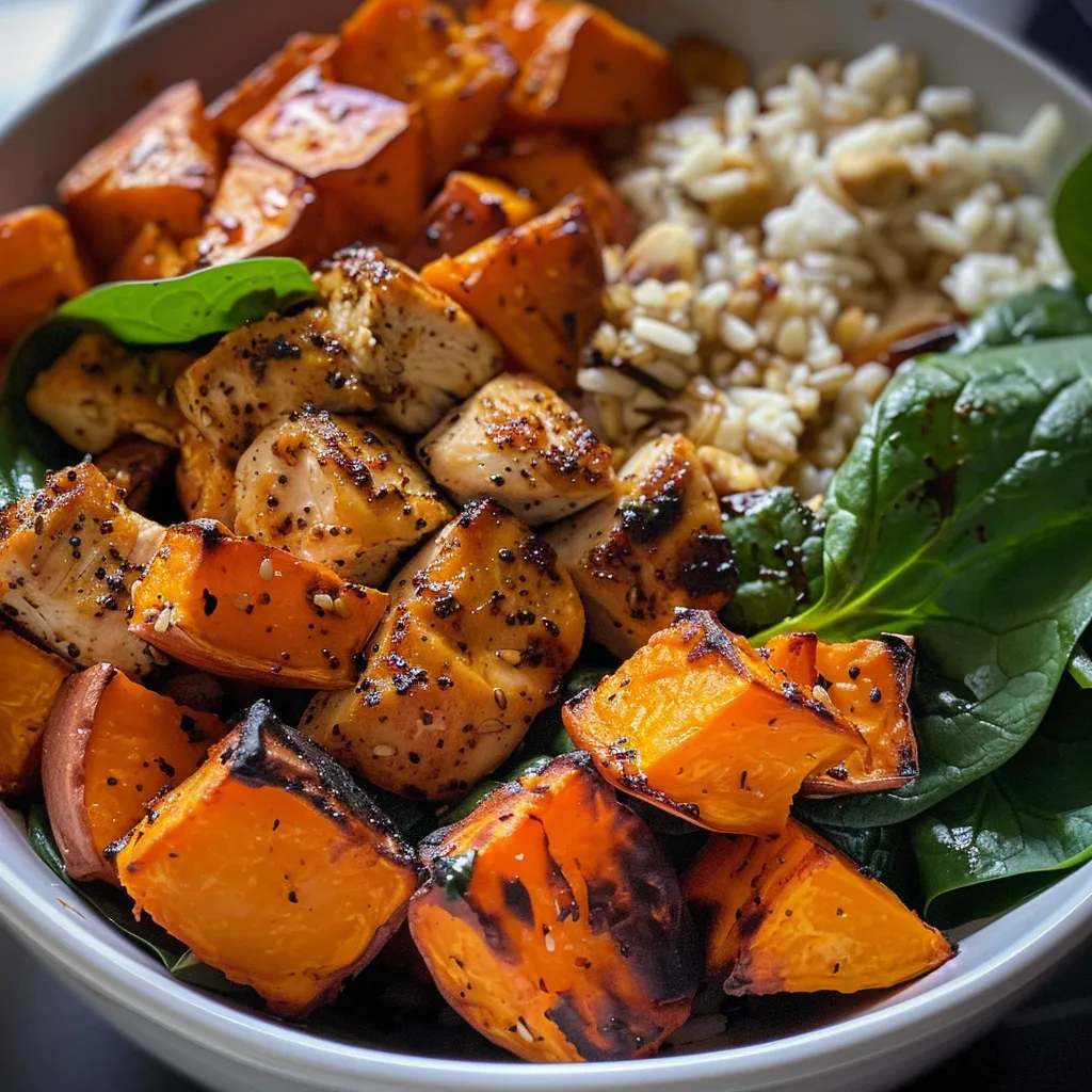 An appetizing roasted chicken sweet potato rice bowl showcasing juicy chicken, diced sweet potatoes, and brown rice.