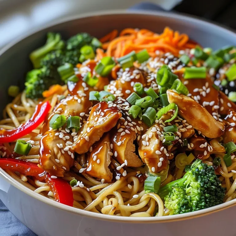 Close-up of a vibrant bowl of sesame chicken noodles with colorful vegetables.