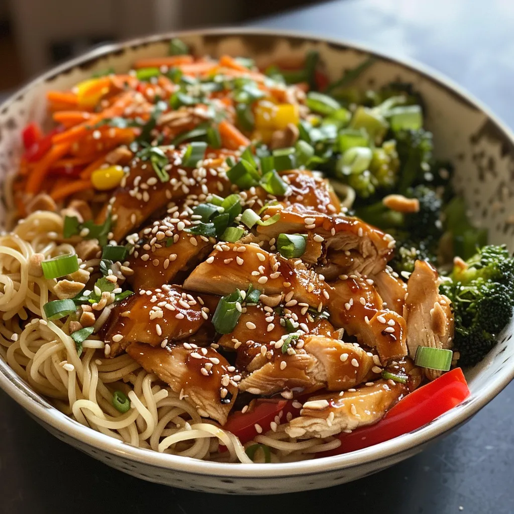 Delicious sesame chicken noodle bowl featuring glistening chicken and fresh veggies.