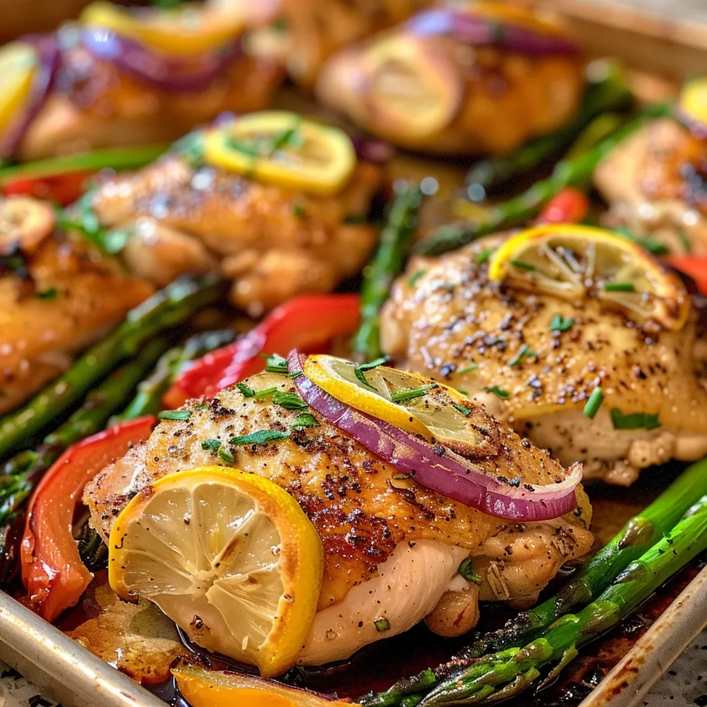 Close-up view of roasted chicken thighs and vibrant mini bell peppers on a baking sheet.