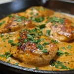 A close-up view of creamy paprika chicken in a skillet, highlighting its juicy texture.