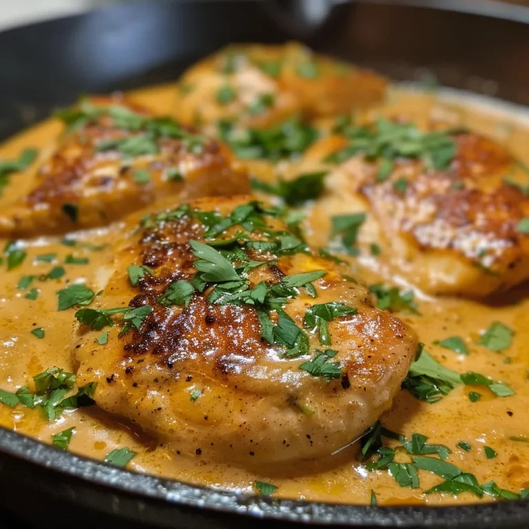 A close-up view of creamy paprika chicken in a skillet, highlighting its juicy texture.