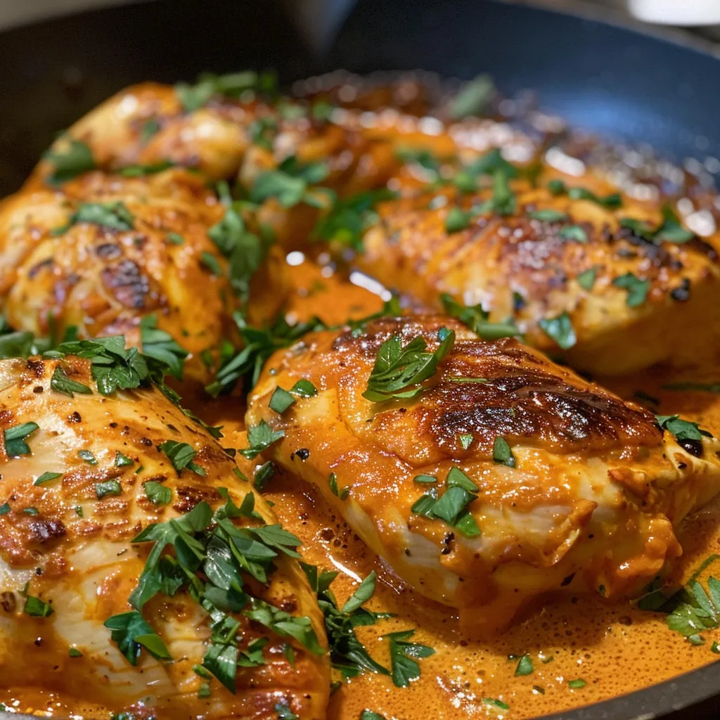 Side view of a skillet filled with delicious creamy paprika chicken, showing a rich sauce and tender meat.