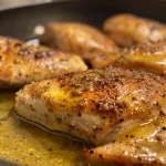 Close-up view of juicy skillet honey mustard chicken with a golden glaze.