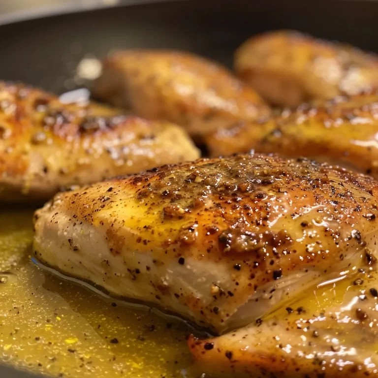Close-up view of juicy skillet honey mustard chicken with a golden glaze.