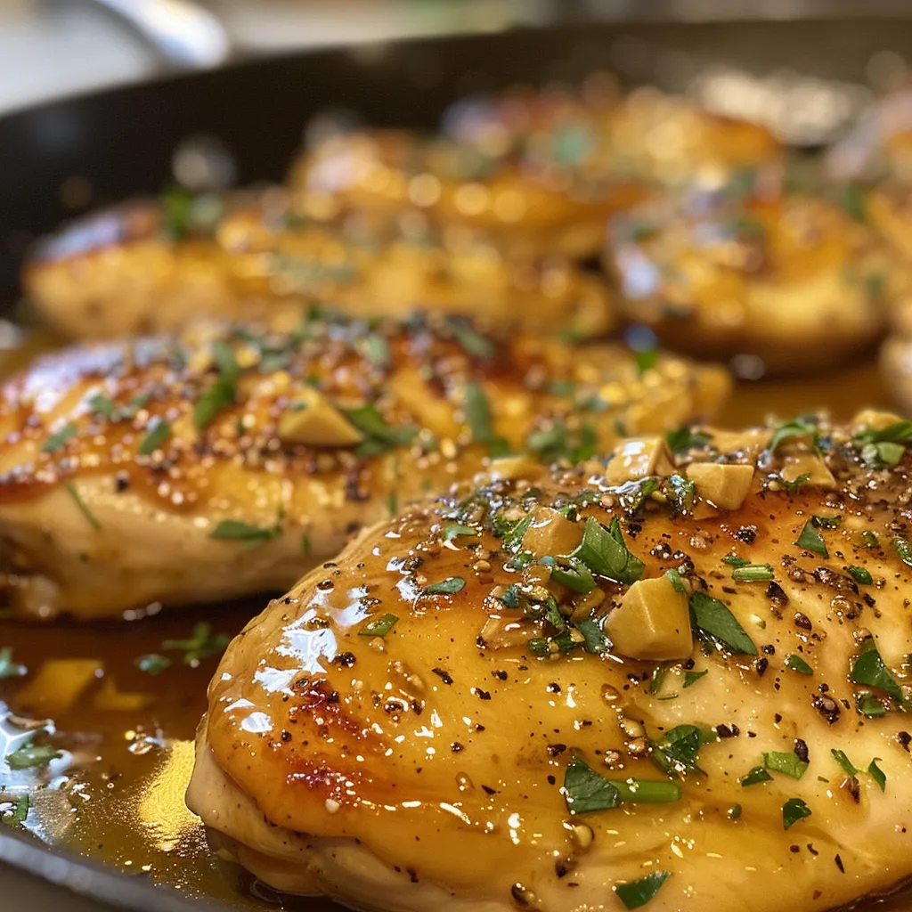 Side view of tender chicken breasts coated in honey mustard sauce in a skillet.