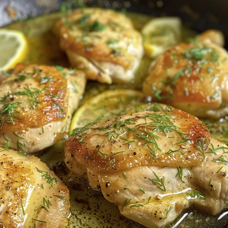 Juicy skillet lemon dill chicken thighs garnished with fresh dill and lemon zest.