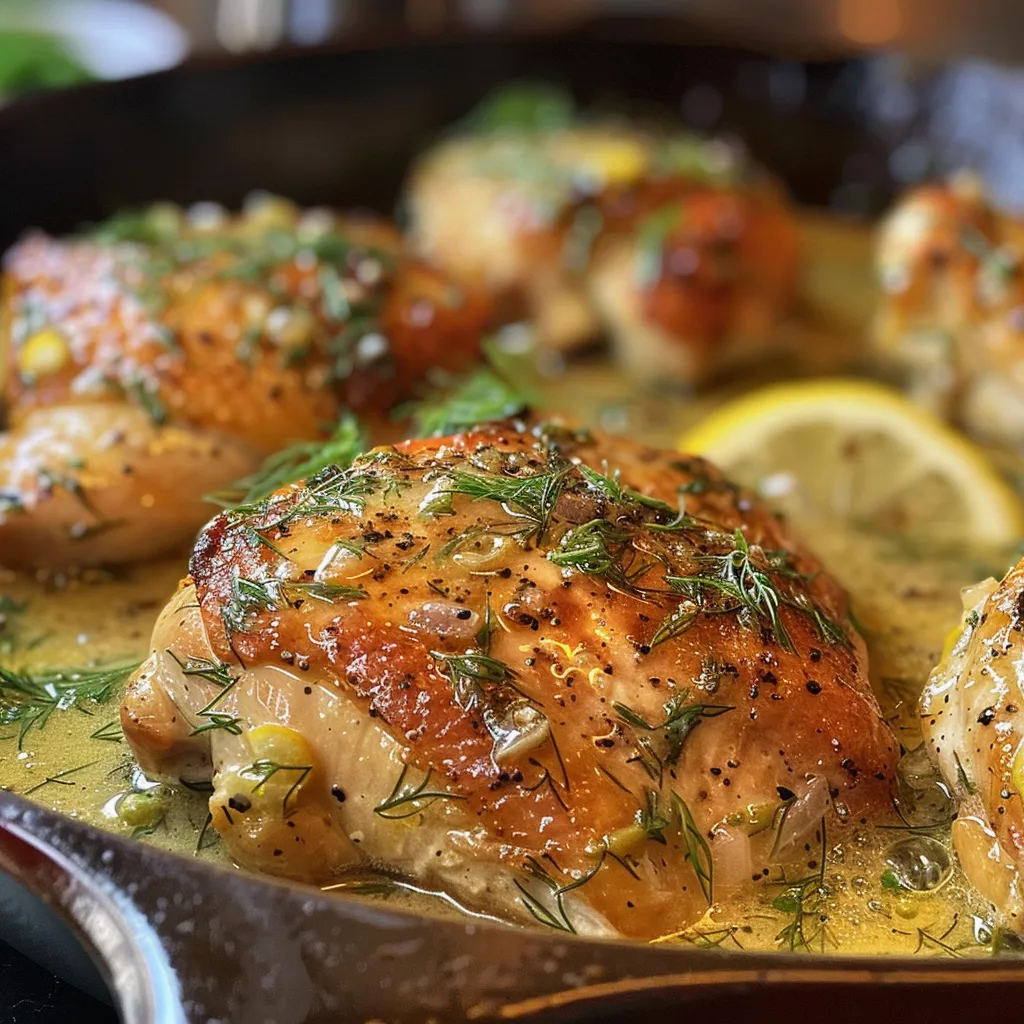 Close-up of beautifully cooked chicken thighs in a skillet, glistening with lemon and dill sauce.