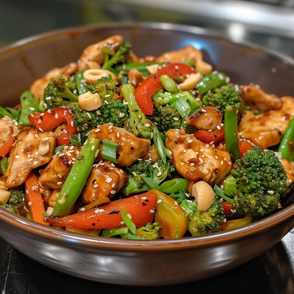 Juicy, sliced chicken with vibrant broccoli, bell pepper, and sugar snap peas.
