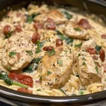 Close-up view of creamy Tuscan chicken orzo in a slow cooker with visible chicken, spinach, and sun-dried tomatoes.