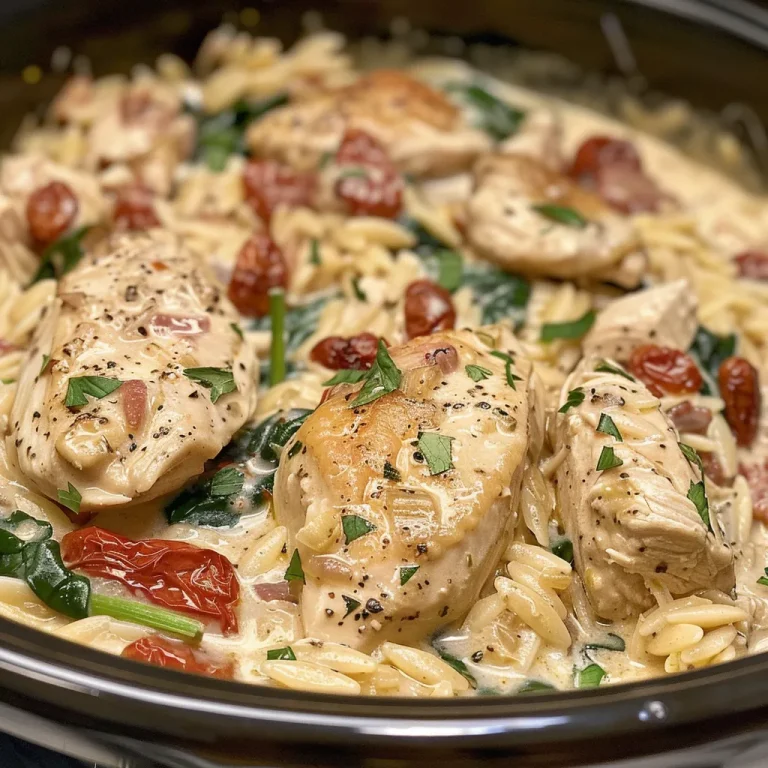 A Heartwarming Bowl of Tuscan Comfort: Slow Cooker Creamy Chicken Orzo Close-up view of creamy Tuscan chicken orzo in a slow cooker with visible chicken, spinach, and sun-dried tomatoes.