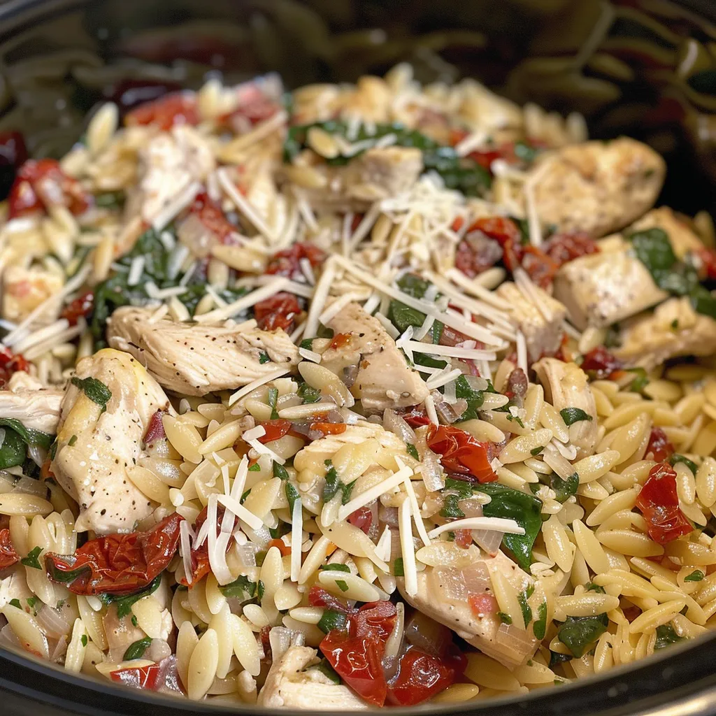 Side angle of a bowl featuring Slow Cooker Creamy Tuscan Chicken Orzo with fresh herbs and cheese on top.