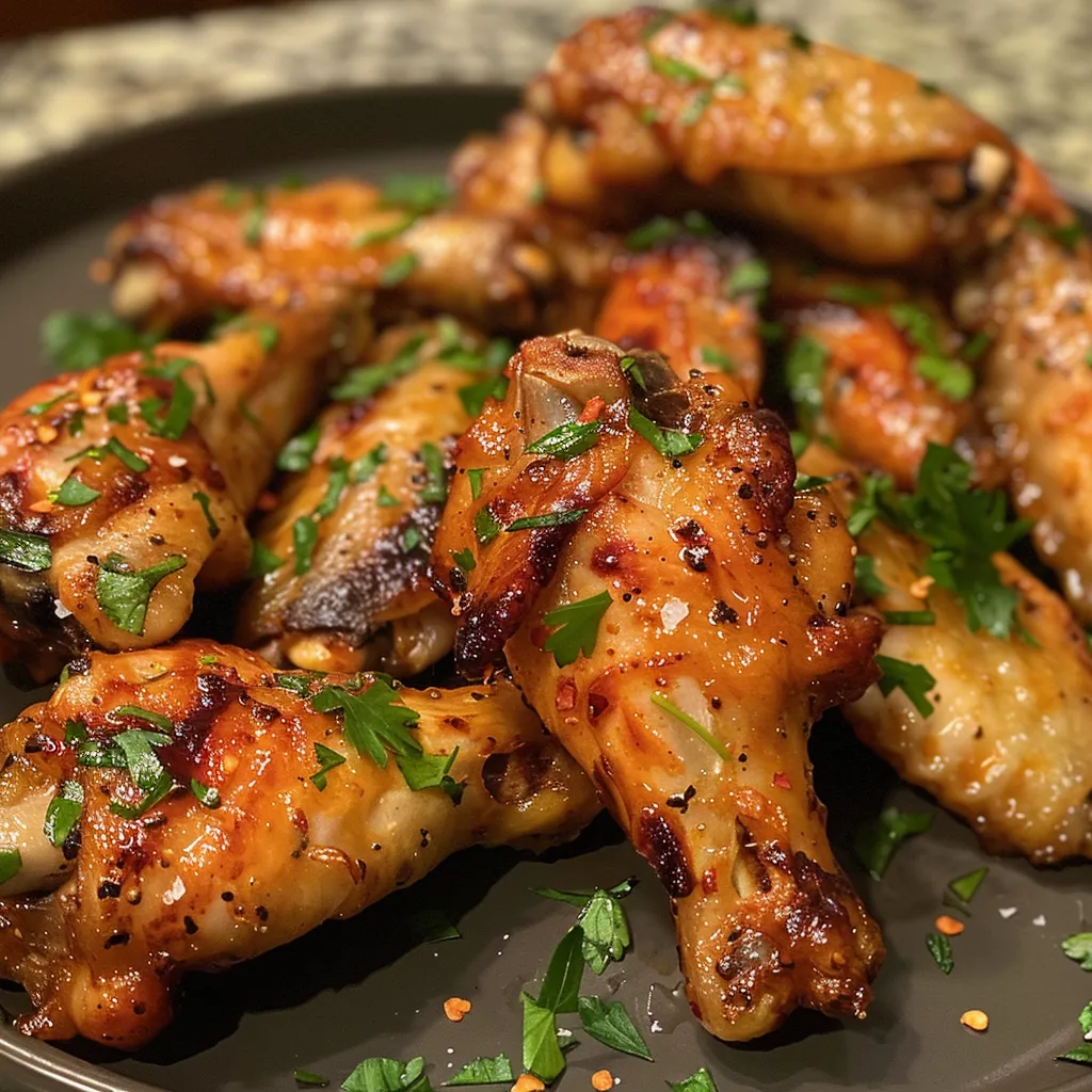 Side view of tender chicken wings glazed with a spicy honey sauce.