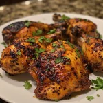 Close-up of juicy smoked paprika chicken thighs with a crispy skin.