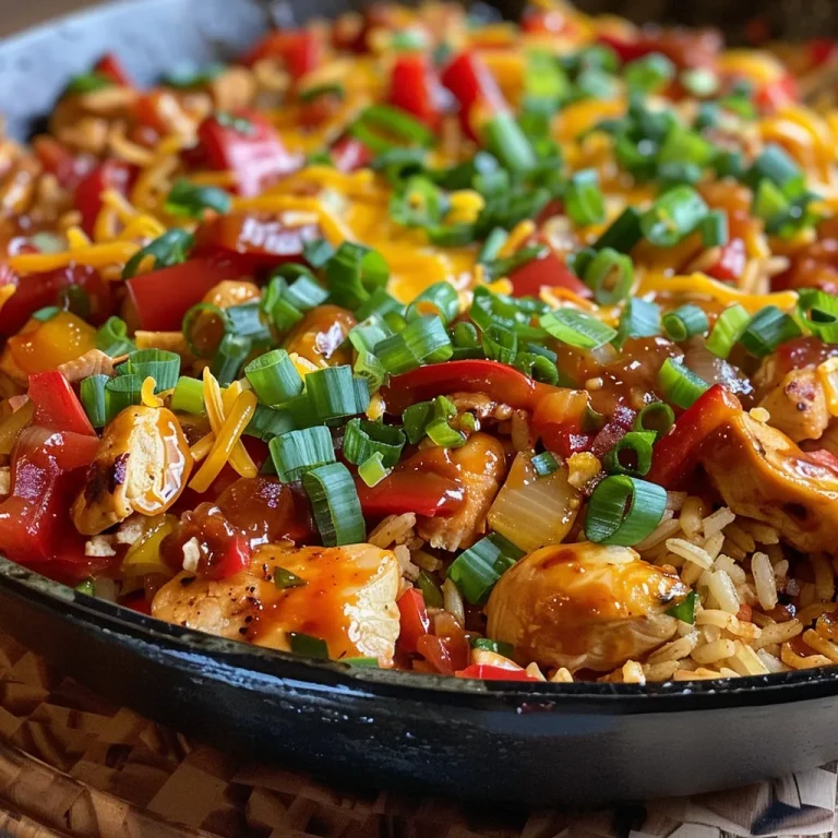 Close-up of Smoky Chipotle BBQ Chicken and Rice Skillet with colorful vegetables and melted cheese.
