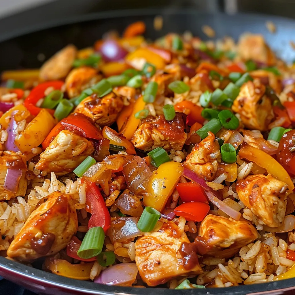 Juicy chicken and rice dish garnished with green onions, featuring a smoky BBQ sauce.