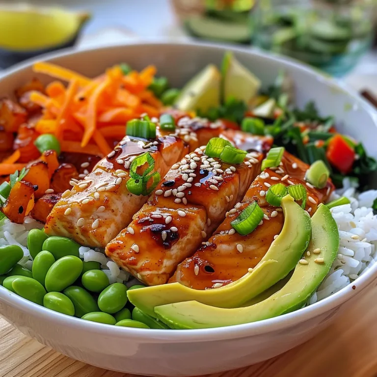 A close-up side view of a Soy Ginger Salmon Bowl featuring vibrant ingredients on a white plate.