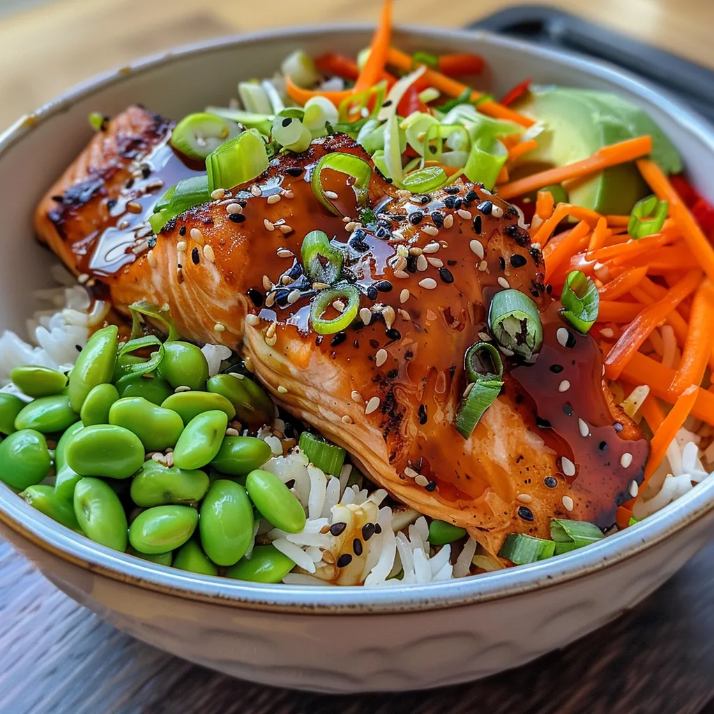 Detailed view of a delicious Soy Ginger Salmon Bowl with salmon, rice, and fresh vegetables.