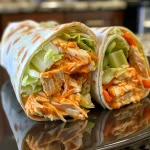 Juicy spicy buffalo chicken wraps filled with shredded chicken and fresh vegetables.