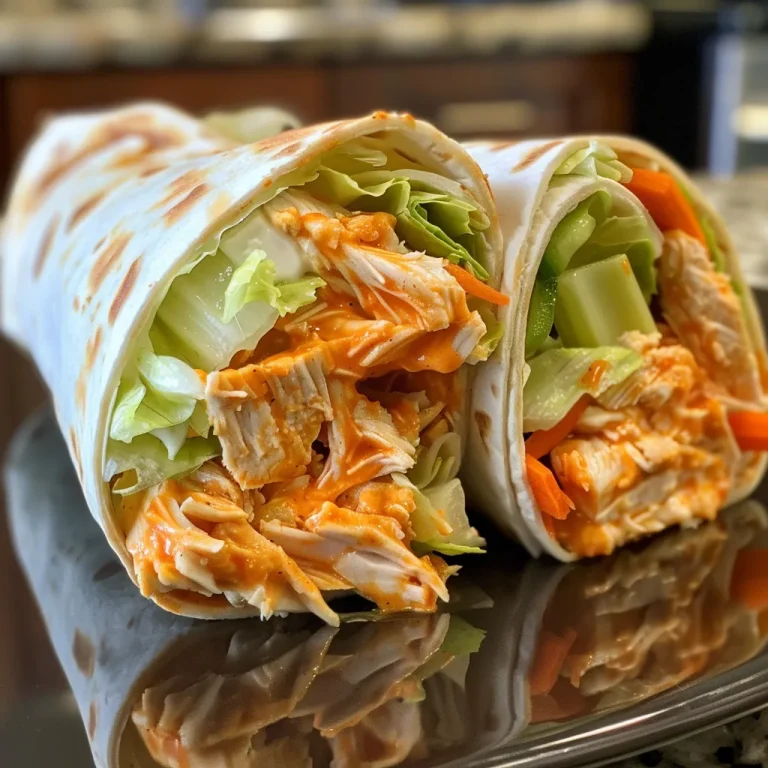 Juicy spicy buffalo chicken wraps filled with shredded chicken and fresh vegetables.