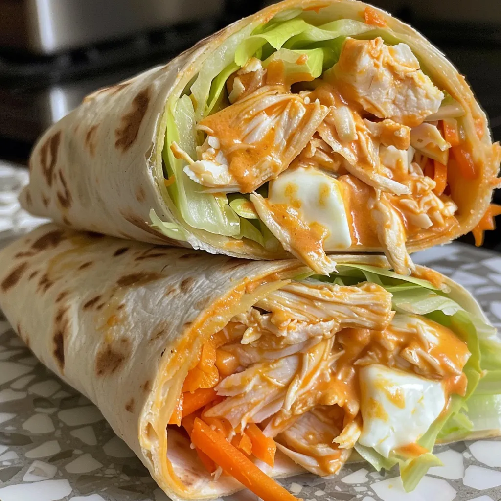 Close-up of a delicious spicy buffalo chicken wrap showcasing colorful ingredients.