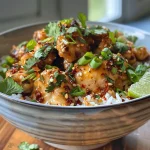A close-up side view of a Spicy Garlic Chicken Rice Bowl topped with creamy chili sauce.