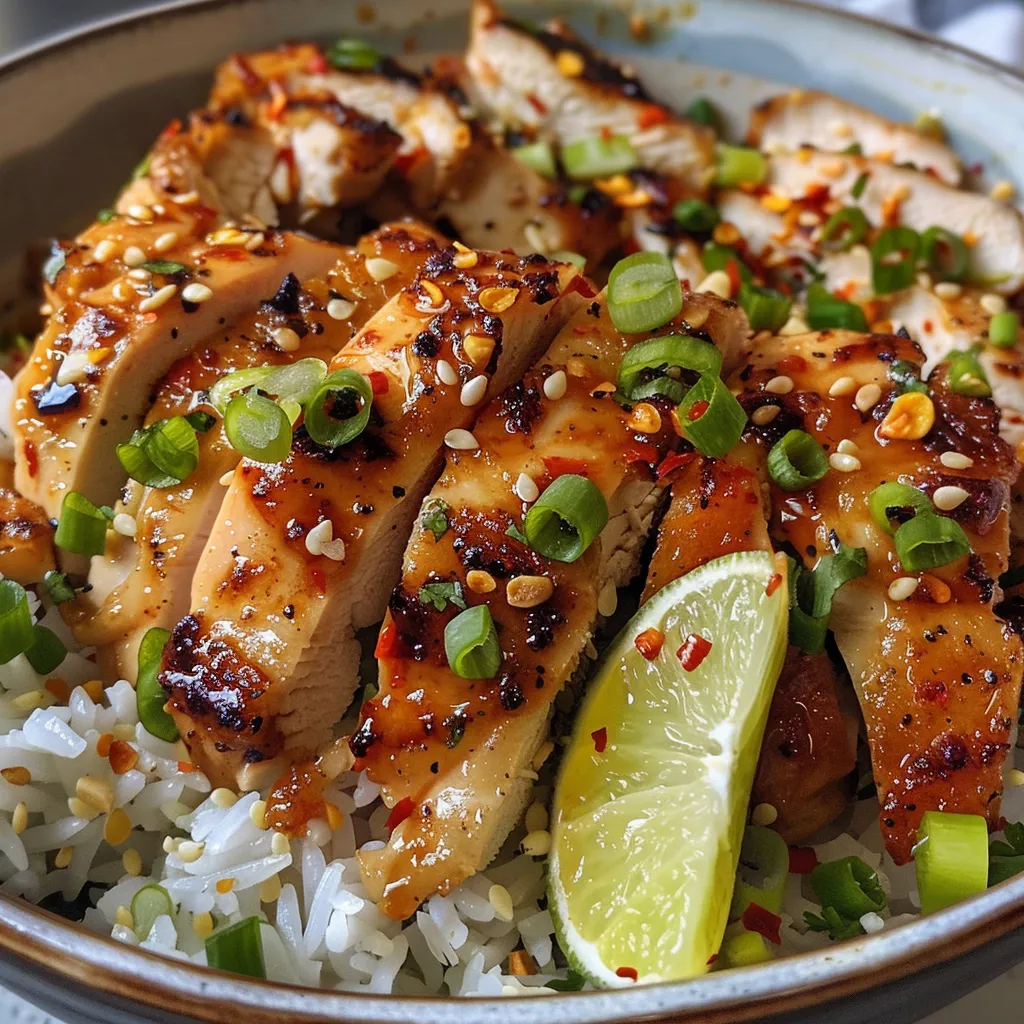 Juicy Spicy Garlic Chicken served over jasmine rice with vibrant garnishes.