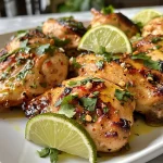 Juicy, grilled Spicy Garlic Lime Chicken on a plate with fresh cilantro.