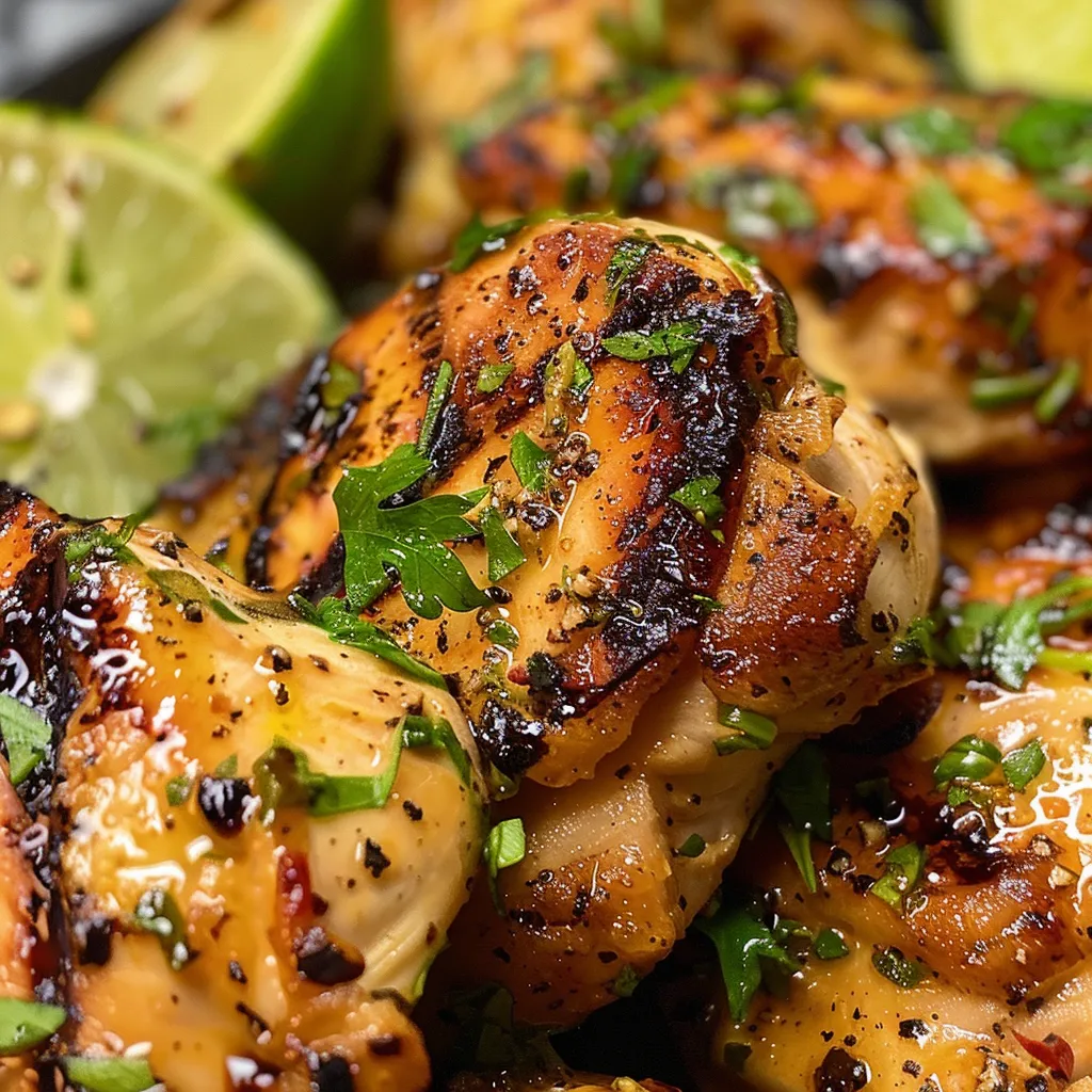 Close-up of marinated Spicy Garlic Lime Chicken garnished with cilantro.