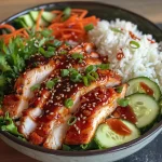 A close-up view of a Spicy Korean BBQ Chicken Rice Bowl featuring vibrant ingredients.