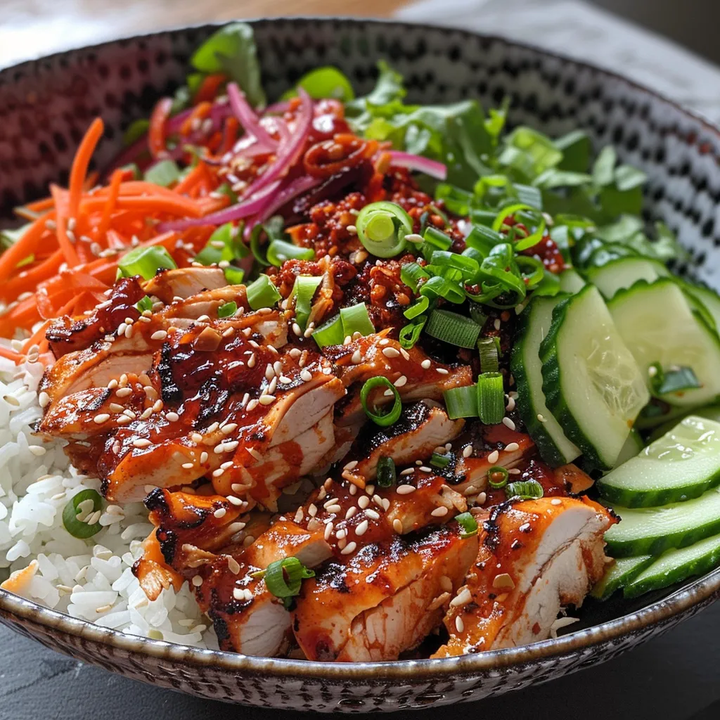 Juicy pieces of chicken marinated in gochujang served over rice with fresh vegetables.