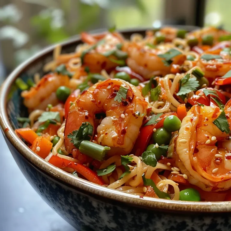 A close-up view of a vibrant Spicy Sriracha Shrimp Noodle Bowl with colorful vegetables.