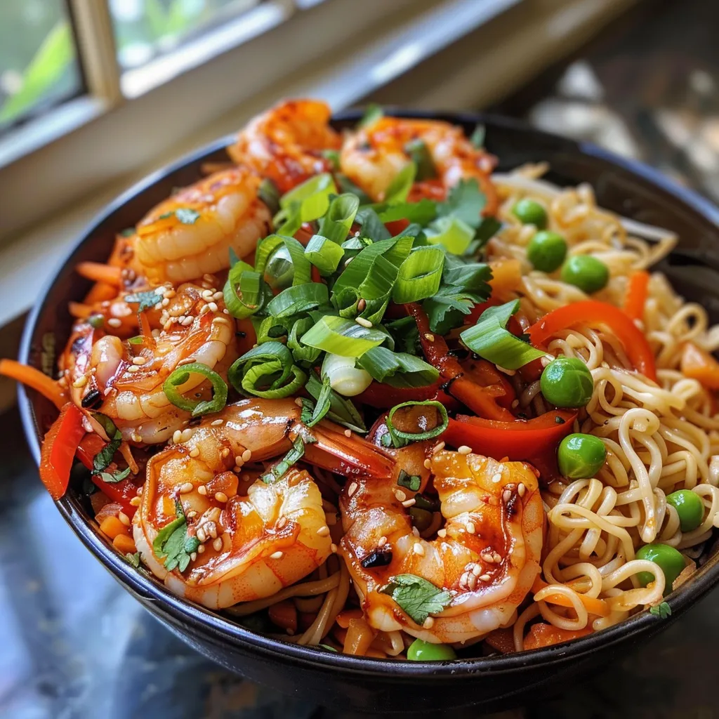 A side view of a delicious noodle bowl featuring shrimp, bell peppers, and snap peas.