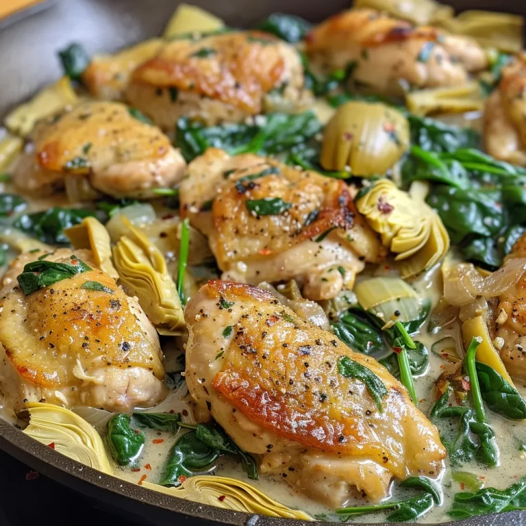 Close-up view of a Spinach Artichoke Chicken Skillet with vibrant greens and tender chicken pieces.