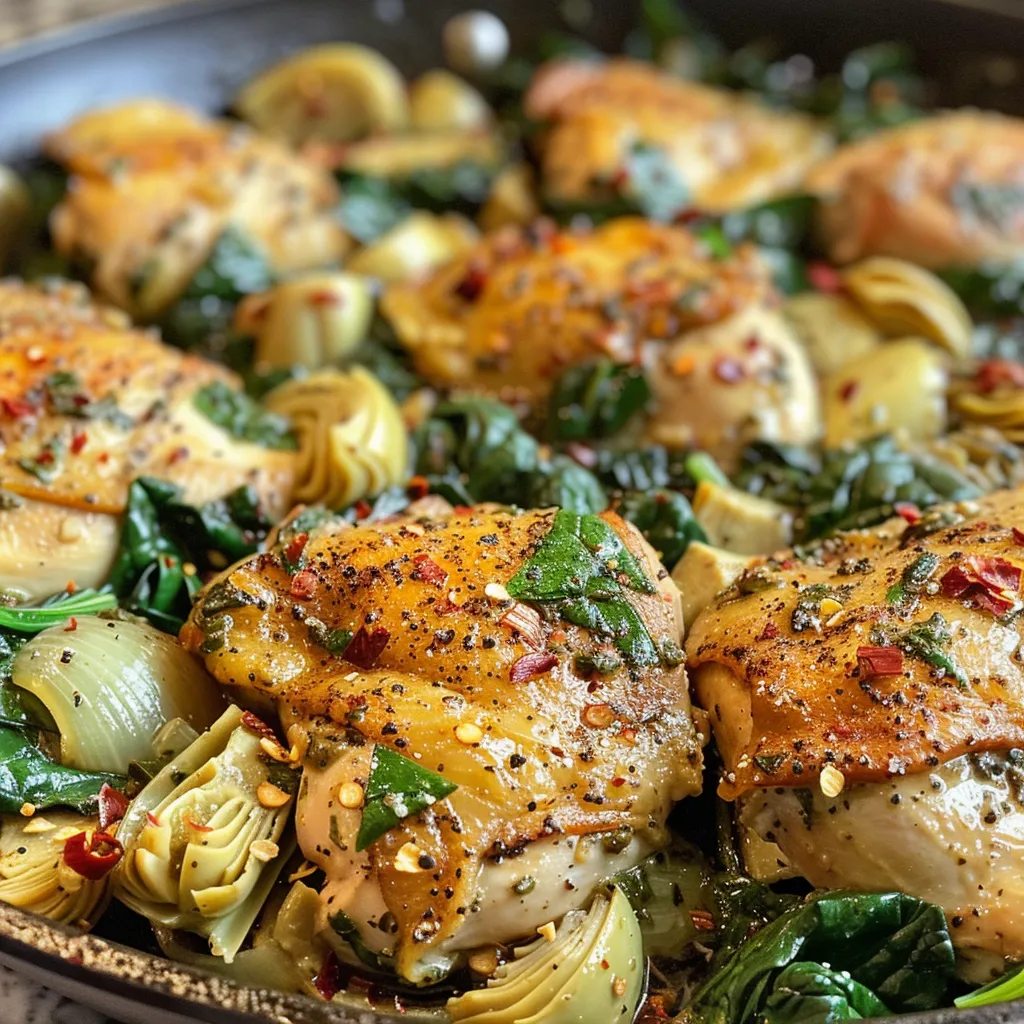Side shot of a juicy Spinach Artichoke Chicken Skillet, showcasing the creamy sauce and colorful ingredients.