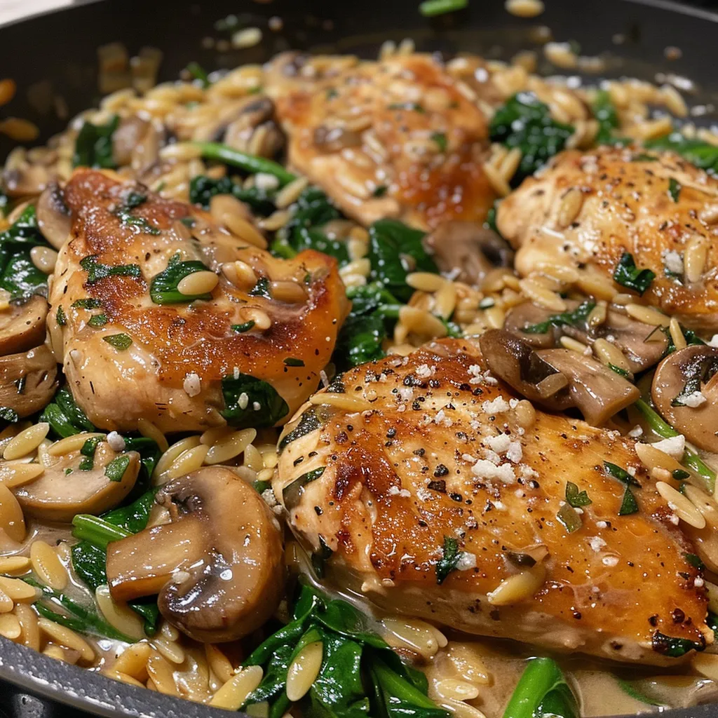 A hearty serving of Spinach Mushroom Orzo with Chicken, featuring juicy chicken pieces and fresh vegetables.