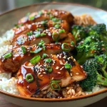 A close-up view of a sticky chicken bowl with broccoli and rice, showcasing vibrant colors and textures.