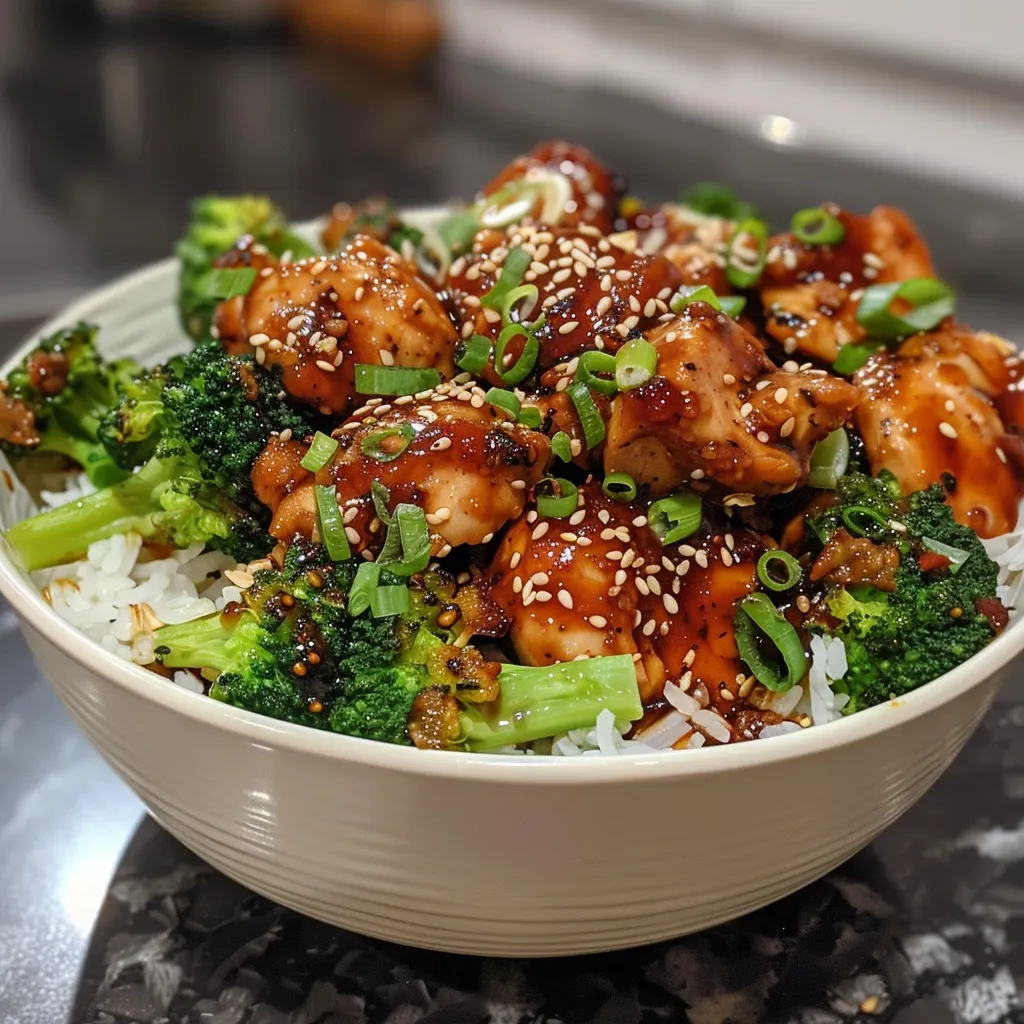 A side view of a delicious sticky chicken bowl filled with chicken, broccoli, and drizzled sauce.