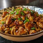 Close-up view of sticky garlic chicken noodles with vibrant colors and garnishes.